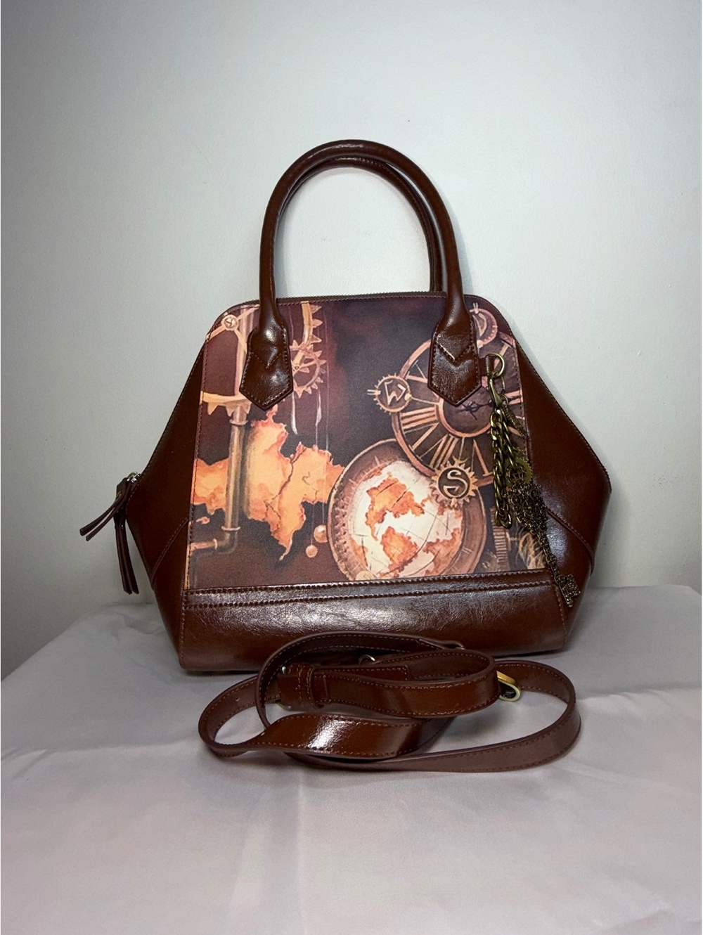Sharif Vintage Steampunk Leather Satchel with Clock Print and Charm